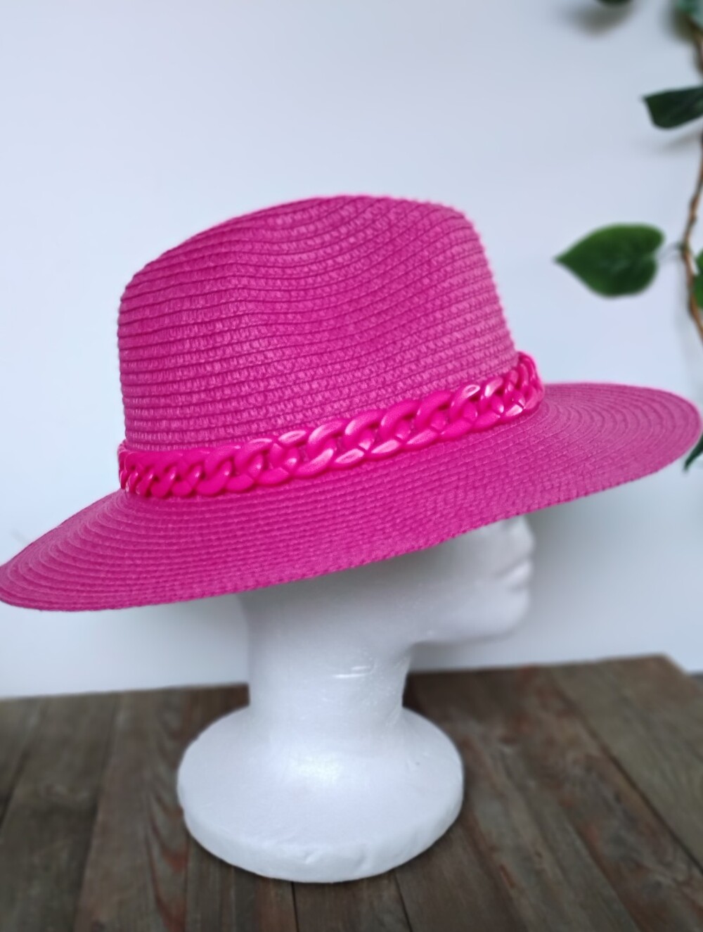Pink Fedora Hat Wide-Brim with Pink Chain Band
